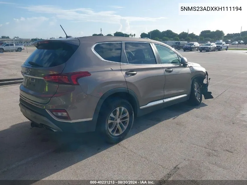 5NMS23ADXKH111194 2019 Hyundai Santa Fe Se