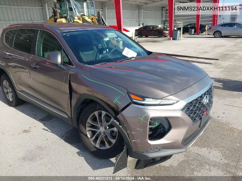 5NMS23ADXKH111194 2019 Hyundai Santa Fe Se