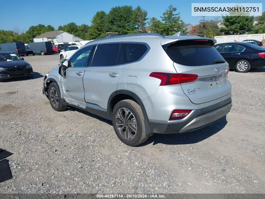 2019 Hyundai Santa Fe Limited/Ultimate VIN: 5NMS5CAA3KH112751 Lot: 40297114