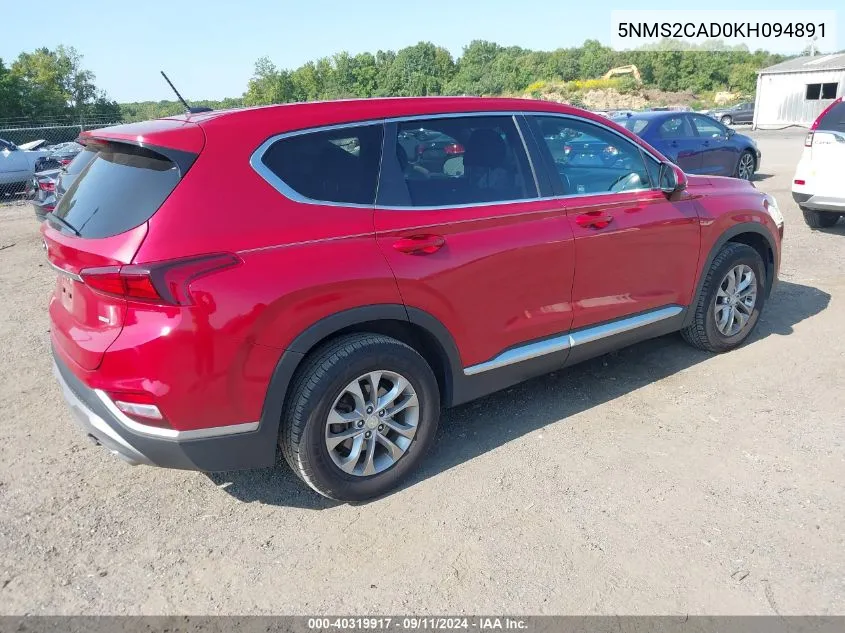 2019 Hyundai Santa Fe Se VIN: 5NMS2CAD0KH094891 Lot: 40319917