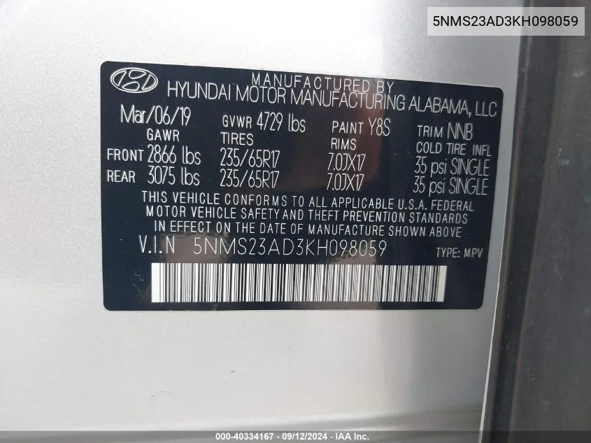 5NMS23AD3KH098059 2019 Hyundai Santa Fe Se