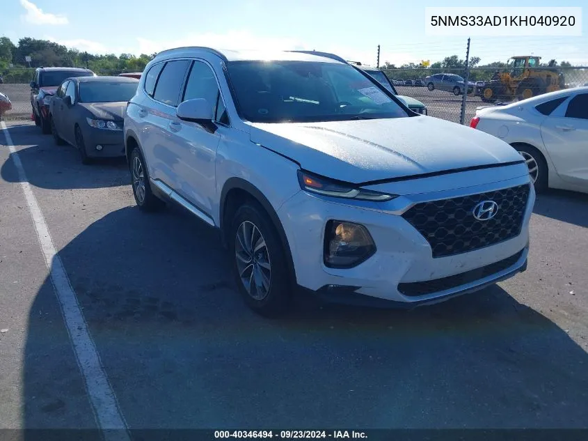 2019 Hyundai Santa Fe Sel/Sel Plus VIN: 5NMS33AD1KH040920 Lot: 40346494