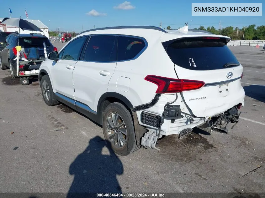 2019 Hyundai Santa Fe Sel/Sel Plus VIN: 5NMS33AD1KH040920 Lot: 40346494