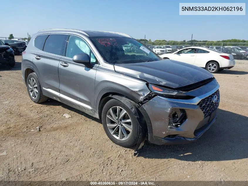 2019 Hyundai Santa Fe Sel Plus VIN: 5NMS33AD2KH062196 Lot: 40360635