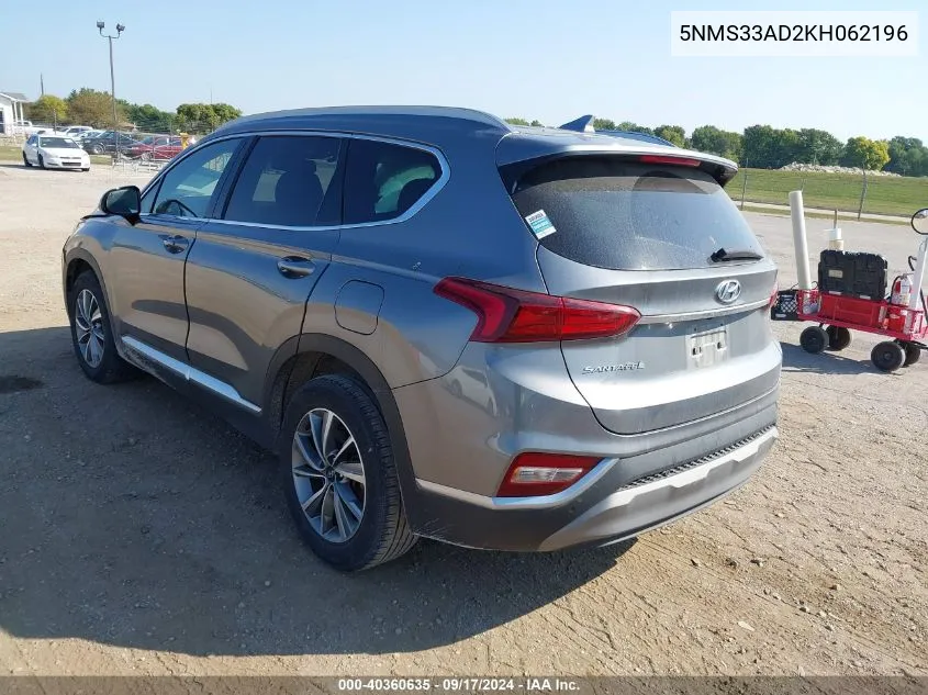 2019 Hyundai Santa Fe Sel Plus VIN: 5NMS33AD2KH062196 Lot: 40360635