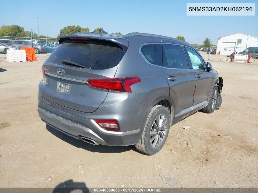 2019 Hyundai Santa Fe Sel Plus VIN: 5NMS33AD2KH062196 Lot: 40360635