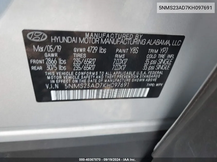 5NMS23AD7KH097691 2019 Hyundai Santa Fe Se