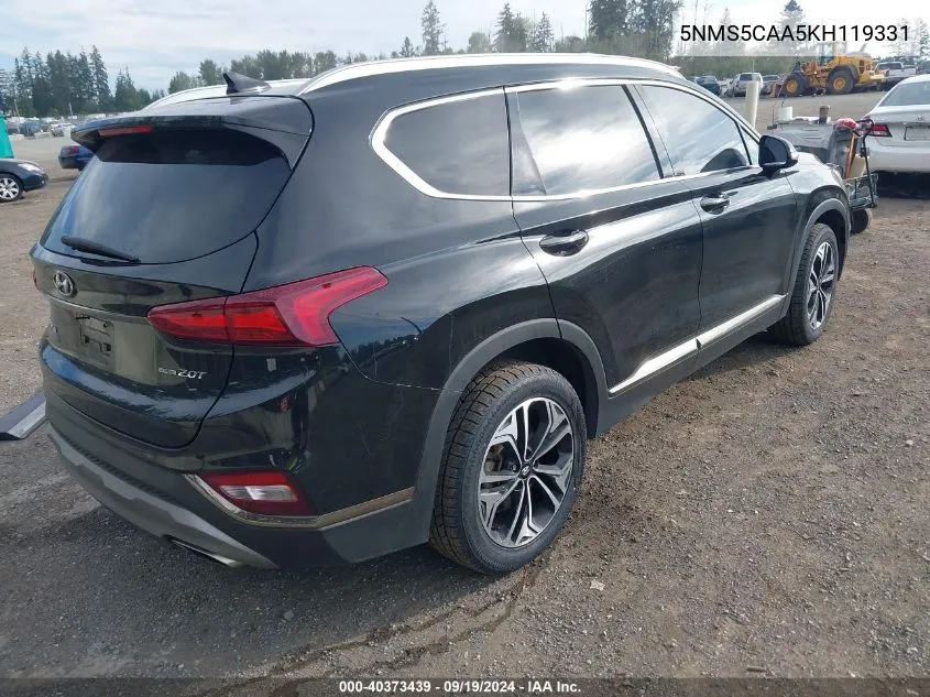 2019 Hyundai Santa Fe Limited 2.0T VIN: 5NMS5CAA5KH119331 Lot: 40373439