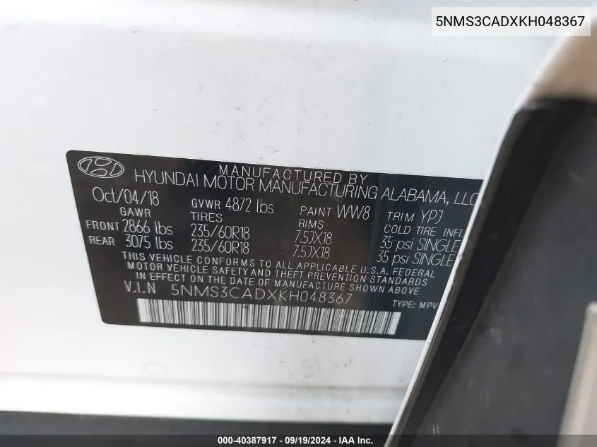 5NMS3CADXKH048367 2019 Hyundai Santa Fe Sel Plus