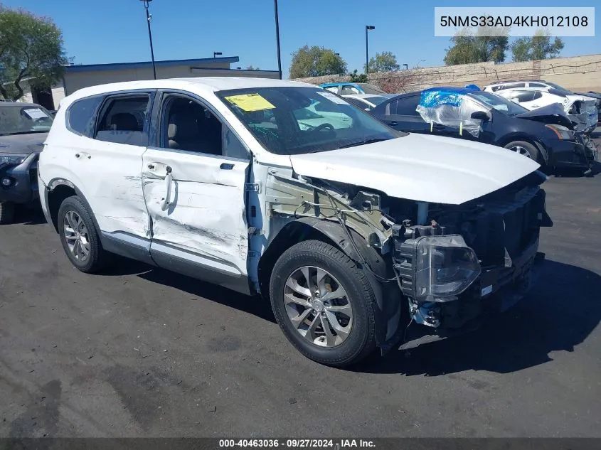 2019 Hyundai Santa Fe Sel VIN: 5NMS33AD4KH012108 Lot: 40463036