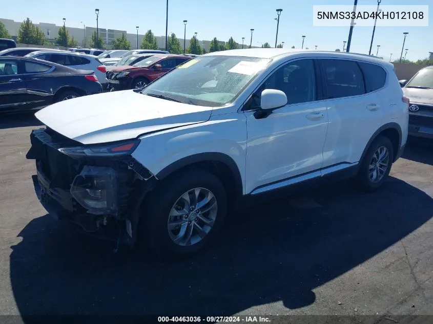 2019 Hyundai Santa Fe Sel VIN: 5NMS33AD4KH012108 Lot: 40463036