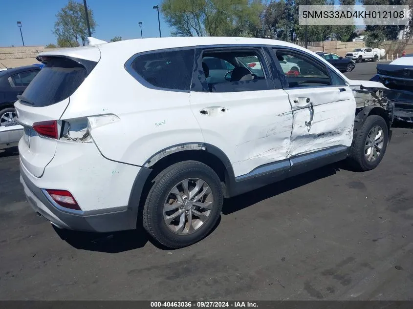 2019 Hyundai Santa Fe Sel VIN: 5NMS33AD4KH012108 Lot: 40463036