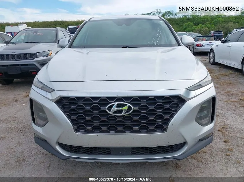 2019 Hyundai Santa Fe Sel VIN: 5NMS33AD0KH000862 Lot: 40527378