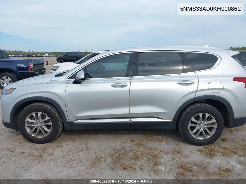 2019 Hyundai Santa Fe Sel VIN: 5NMS33AD0KH000862 Lot: 40527378