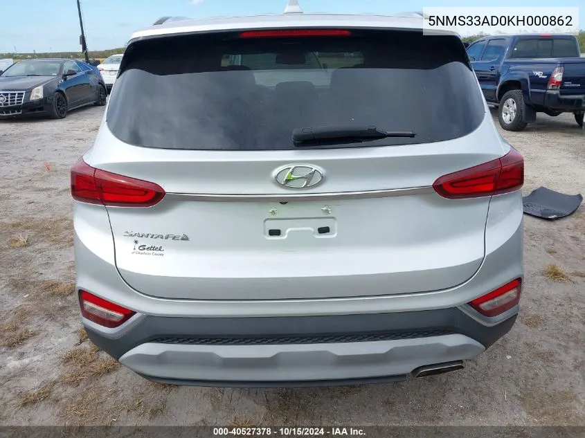 2019 Hyundai Santa Fe Sel VIN: 5NMS33AD0KH000862 Lot: 40527378