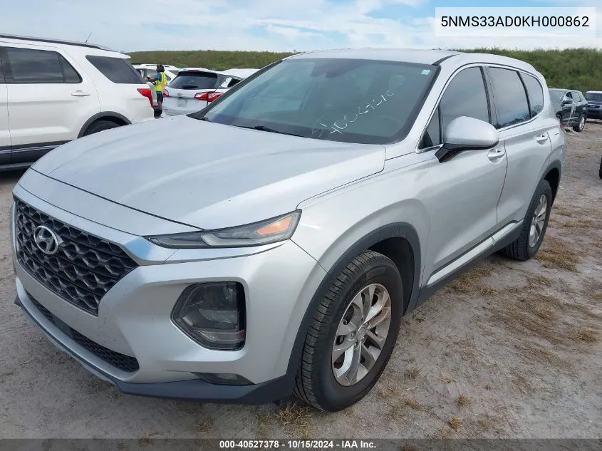 2019 Hyundai Santa Fe Sel VIN: 5NMS33AD0KH000862 Lot: 40527378