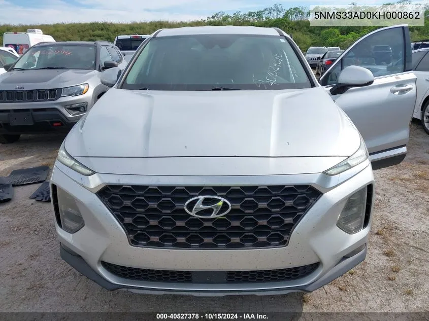 2019 Hyundai Santa Fe Sel VIN: 5NMS33AD0KH000862 Lot: 40527378