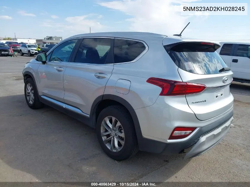 2019 Hyundai Santa Fe Se VIN: 5NMS23AD2KH028245 Lot: 40563429