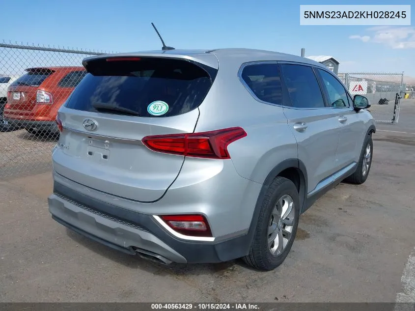 2019 Hyundai Santa Fe Se VIN: 5NMS23AD2KH028245 Lot: 40563429