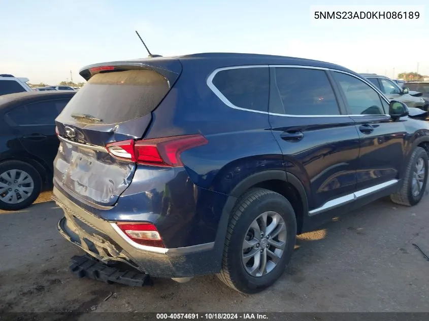 2019 Hyundai Santa Fe Se VIN: 5NMS23AD0KH086189 Lot: 40574691