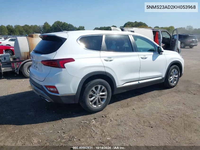 2019 Hyundai Santa Fe Se VIN: 5NMS23AD2KH053968 Lot: 40582831