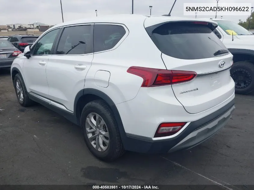 2019 Hyundai Santa Fe Se VIN: 5NMS2CAD5KH096622 Lot: 40583981