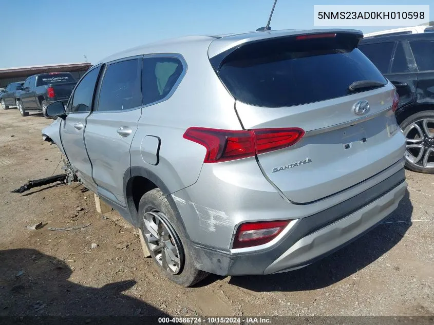 2019 Hyundai Santa Fe Se VIN: 5NMS23AD0KH010598 Lot: 40586724