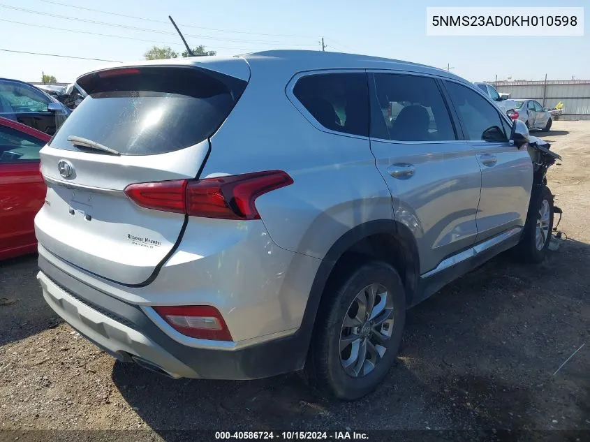 2019 Hyundai Santa Fe Se VIN: 5NMS23AD0KH010598 Lot: 40586724