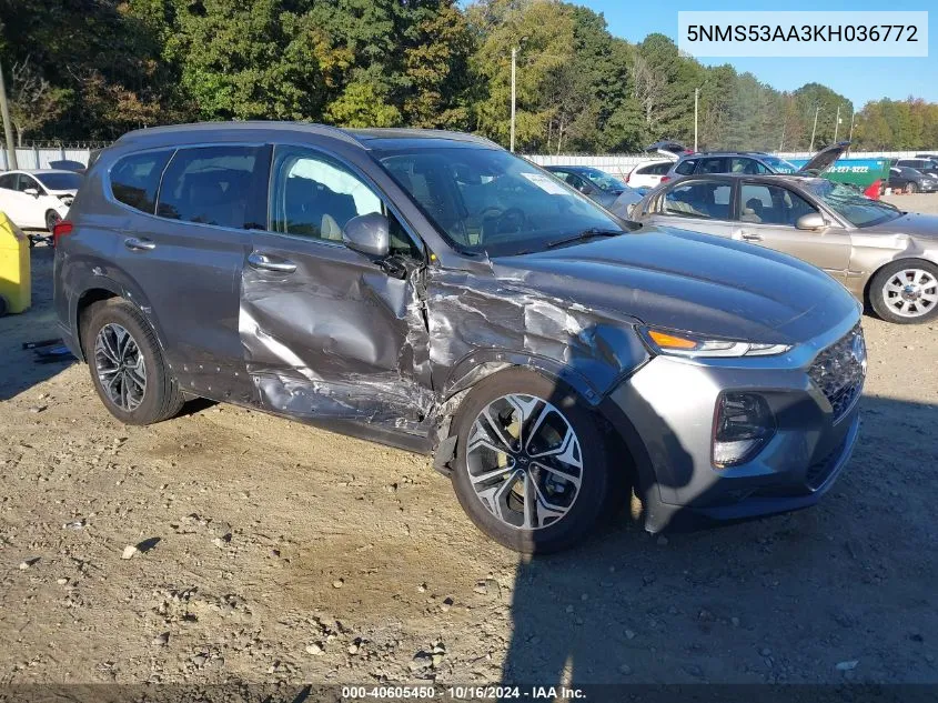 2019 Hyundai Santa Fe Ultimate 2.0T VIN: 5NMS53AA3KH036772 Lot: 40605450