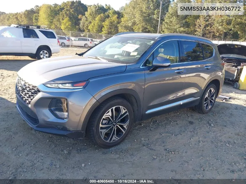 2019 Hyundai Santa Fe Ultimate 2.0T VIN: 5NMS53AA3KH036772 Lot: 40605450