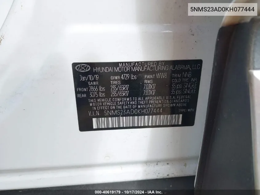 5NMS23AD0KH077444 2019 Hyundai Santa Fe Se