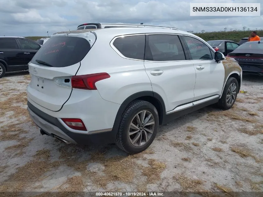 2019 Hyundai Santa Fe Sel Plus VIN: 5NMS33AD0KH136134 Lot: 40621570