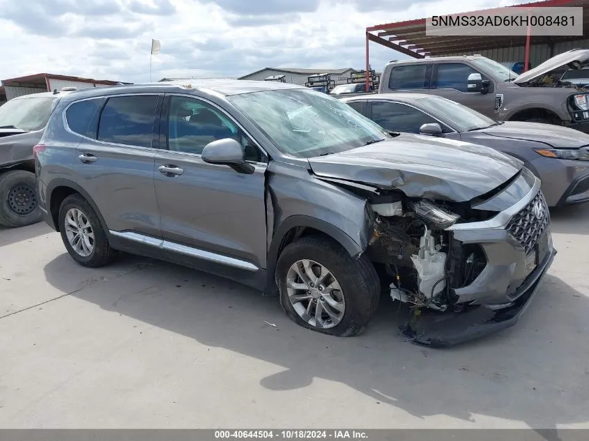 2019 Hyundai Santa Fe Sel VIN: 5NMS33AD6KH008481 Lot: 40644504