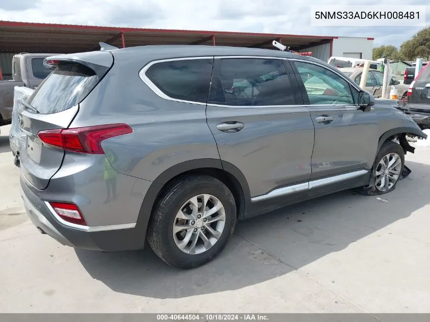 2019 Hyundai Santa Fe Sel VIN: 5NMS33AD6KH008481 Lot: 40644504