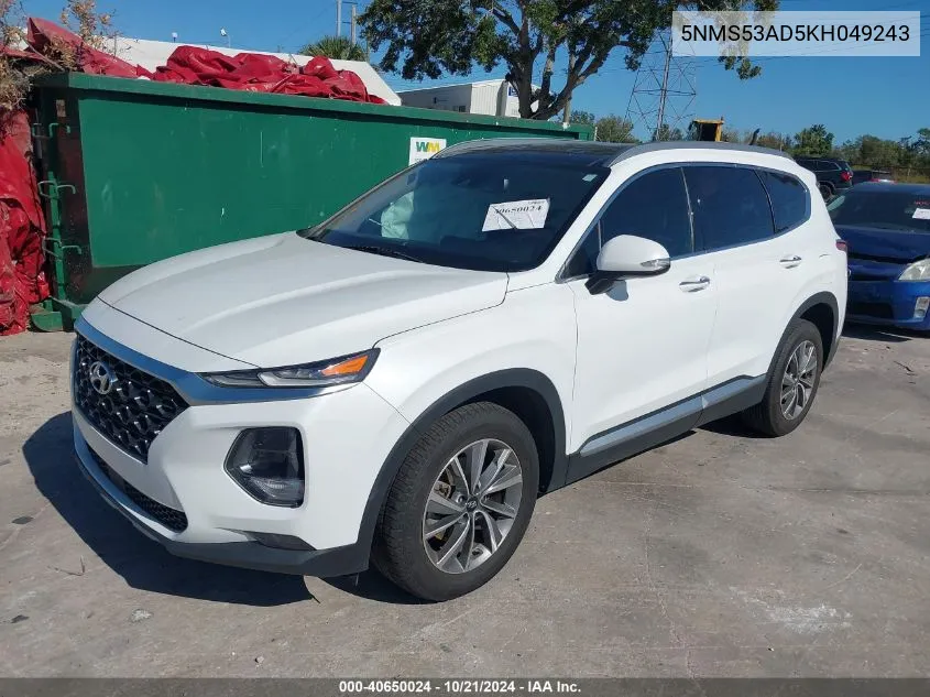 5NMS53AD5KH049243 2019 Hyundai Santa Fe Limited