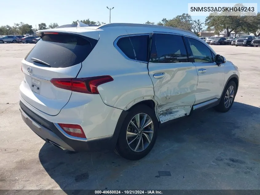 2019 Hyundai Santa Fe Limited VIN: 5NMS53AD5KH049243 Lot: 40650024