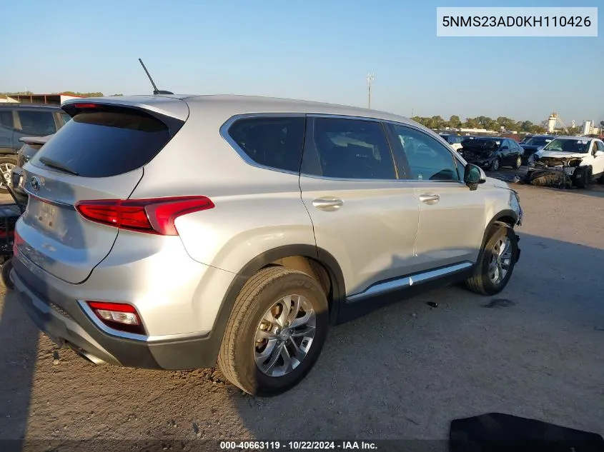 2019 Hyundai Santa Fe Se VIN: 5NMS23AD0KH110426 Lot: 40663119