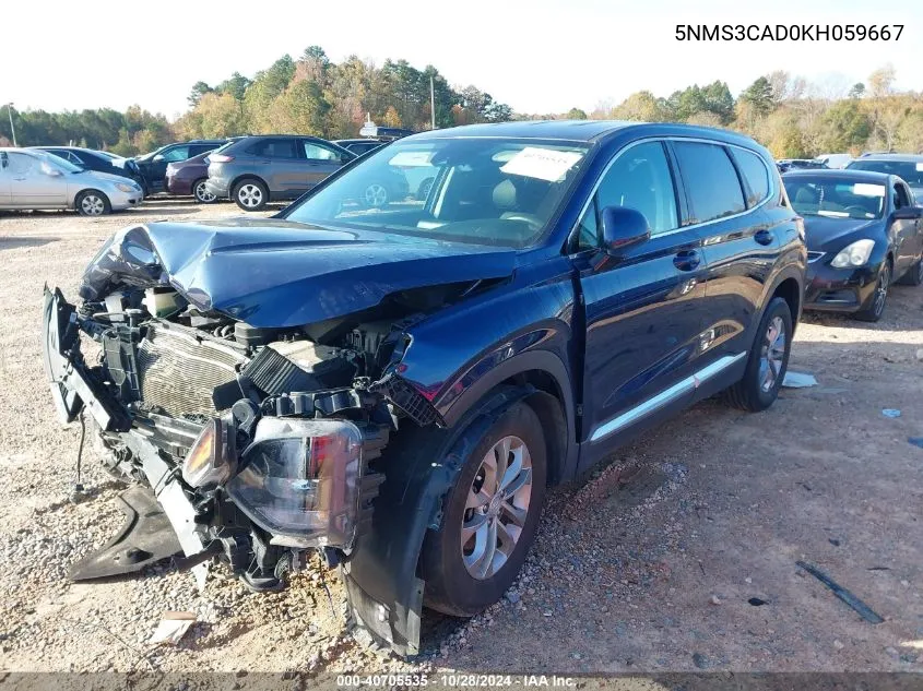 2019 Hyundai Santa Fe Sel VIN: 5NMS3CAD0KH059667 Lot: 40705535