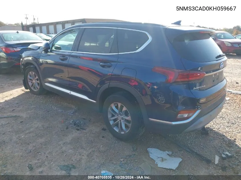 2019 Hyundai Santa Fe Sel VIN: 5NMS3CAD0KH059667 Lot: 40705535