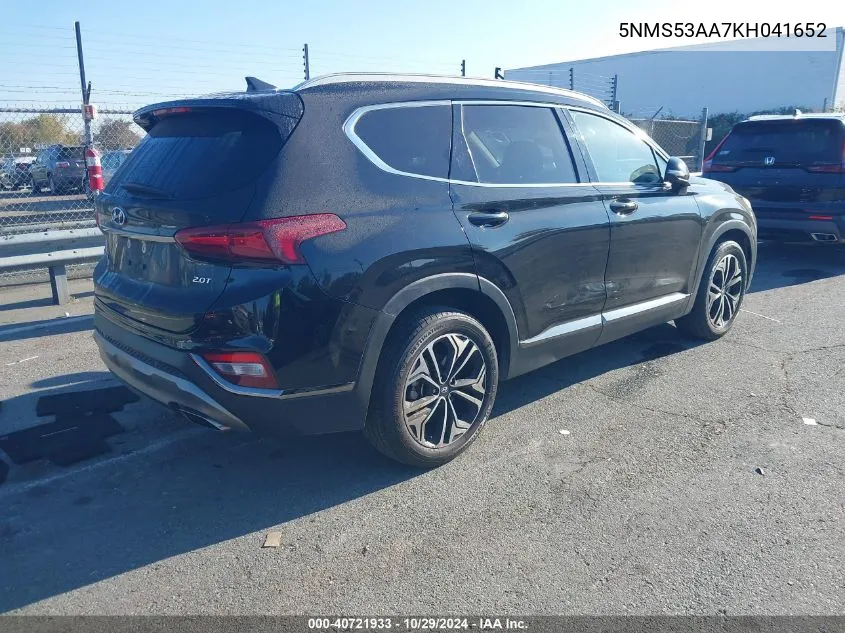 2019 Hyundai Santa Fe Ultimate 2.0T VIN: 5NMS53AA7KH041652 Lot: 40721933