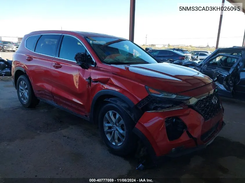 2019 Hyundai Santa Fe Sel VIN: 5NMS3CAD3KH026095 Lot: 40777059