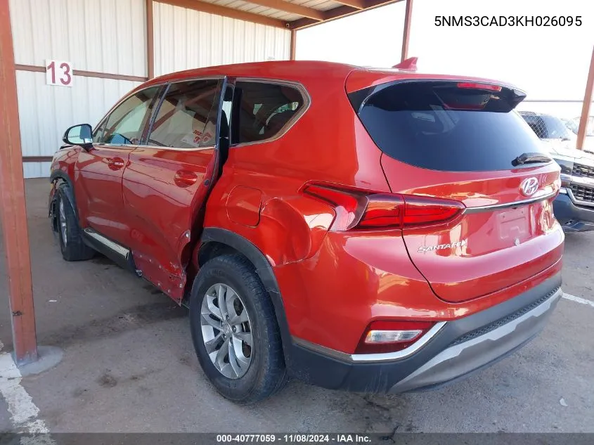 2019 Hyundai Santa Fe Sel VIN: 5NMS3CAD3KH026095 Lot: 40777059