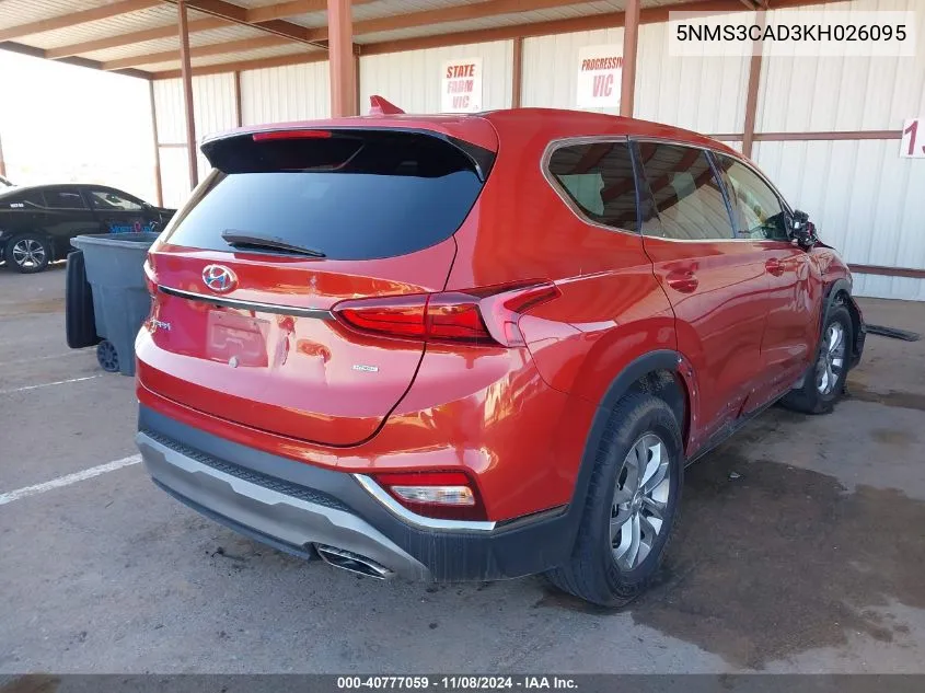 2019 Hyundai Santa Fe Sel VIN: 5NMS3CAD3KH026095 Lot: 40777059