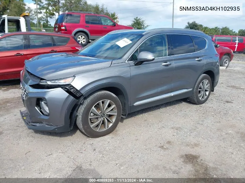 2019 Hyundai Santa Fe Ultimate VIN: 5NMS53AD4KH102935 Lot: 40859283