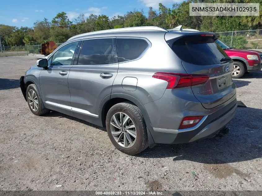 2019 Hyundai Santa Fe Ultimate VIN: 5NMS53AD4KH102935 Lot: 40859283