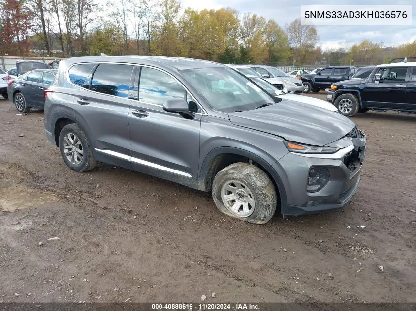 2019 Hyundai Santa Fe Sel VIN: 5NMS33AD3KH036576 Lot: 40888619