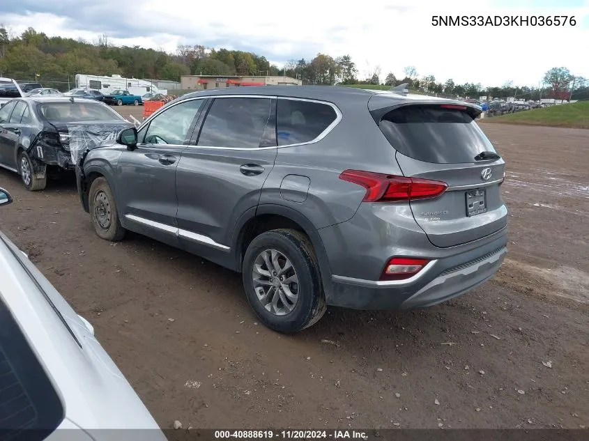 2019 Hyundai Santa Fe Sel VIN: 5NMS33AD3KH036576 Lot: 40888619