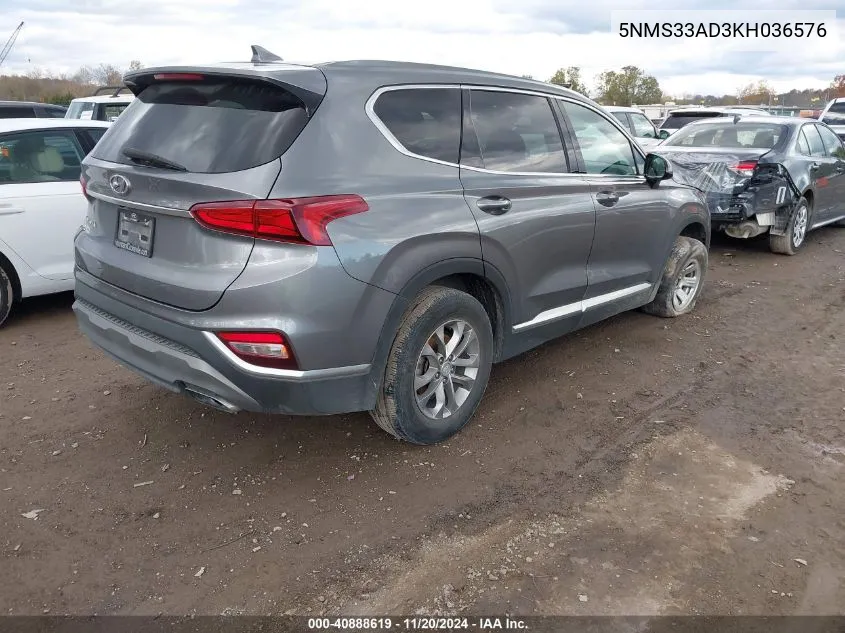 2019 Hyundai Santa Fe Sel VIN: 5NMS33AD3KH036576 Lot: 40888619