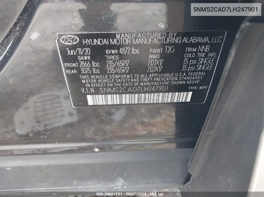 2020 Hyundai Santa Fe Se VIN: 5NMS2CAD7LH247901 Lot: 39601701