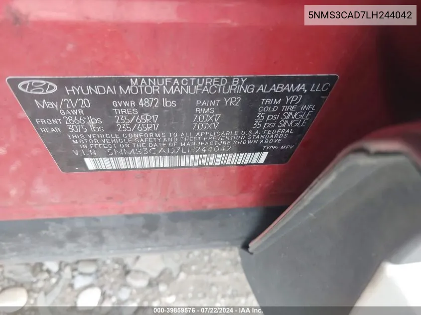 5NMS3CAD7LH244042 2020 Hyundai Santa Fe Sel